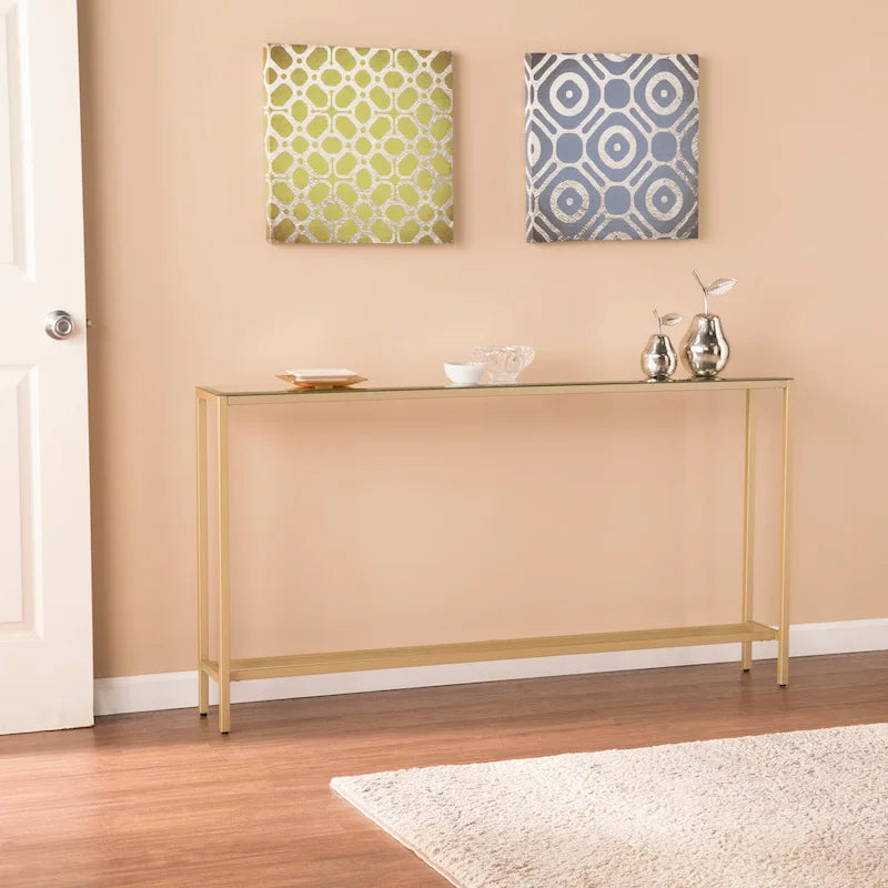 Console étroite et longue avec plateau miroir - Piètement en métal doré