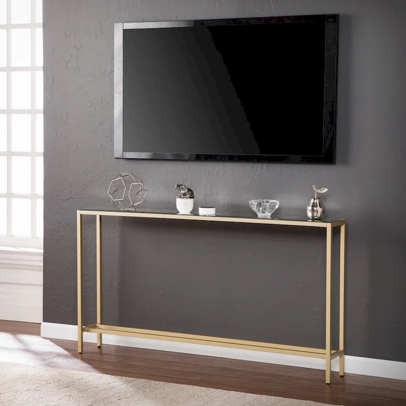 Console étroite et longue avec plateau miroir - Piètement en métal doré