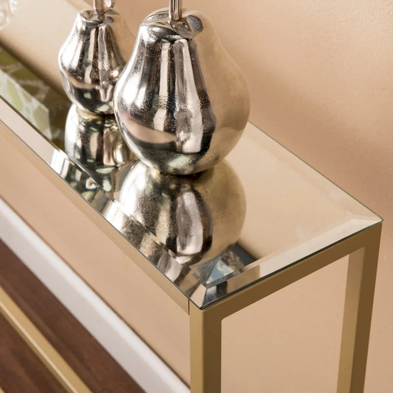 Console étroite et longue avec plateau miroir - Piètement en métal doré