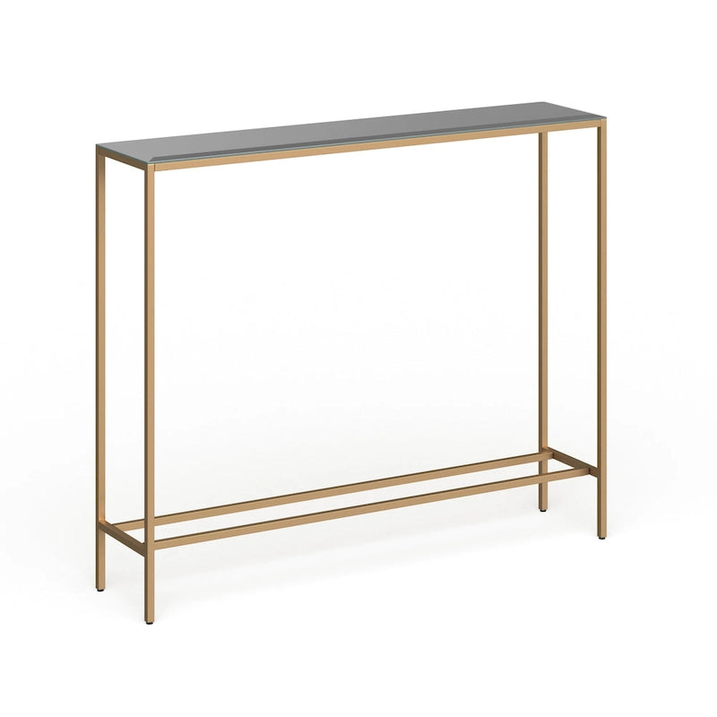 Console étroite et longue avec plateau miroir - Piètement en métal doré