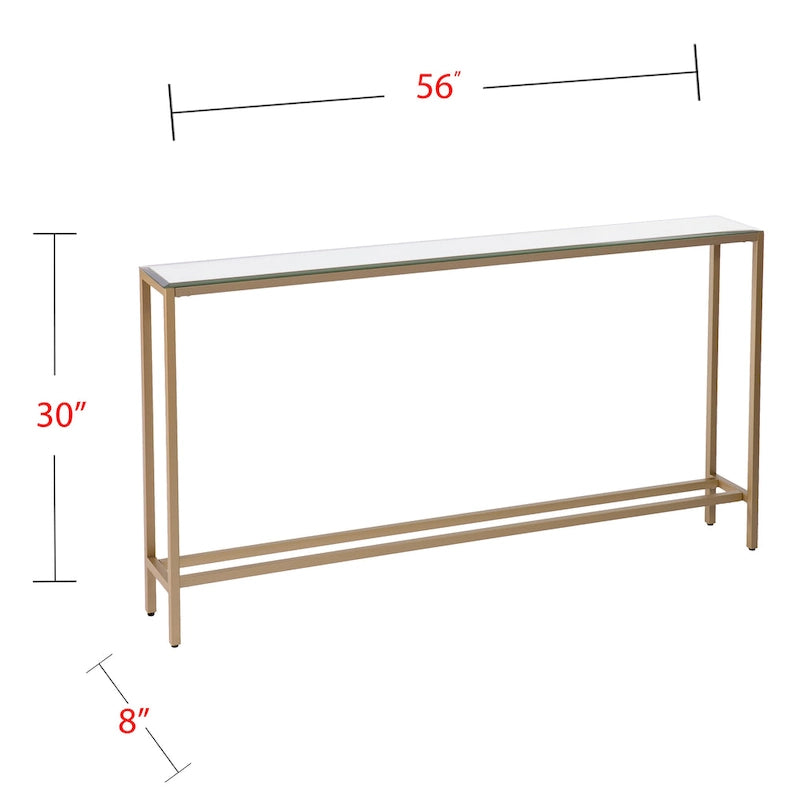 Console étroite et longue avec plateau miroir - Piètement en métal doré