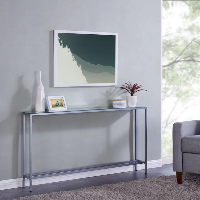 Console étroite et longue avec plateau miroir - Piètement en métal doré
