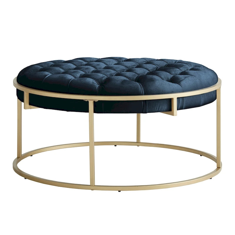 Pouf rond touffeté en velours et finition dorée