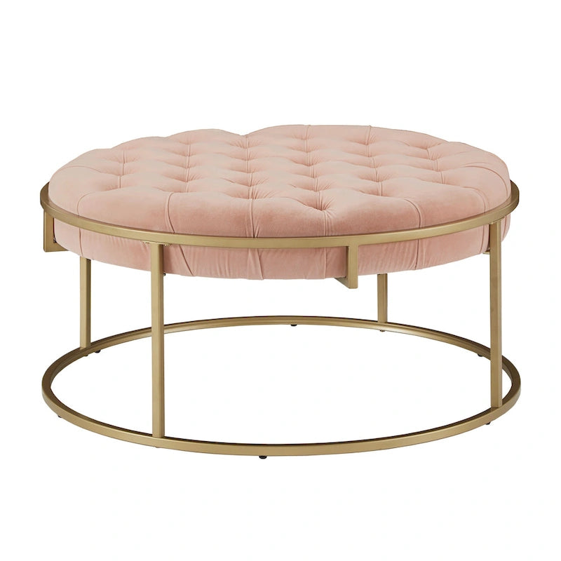 Pouf rond touffeté en velours et finition dorée