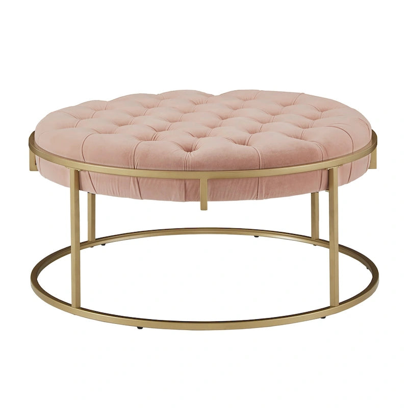 Pouf rond touffeté en velours et finition dorée