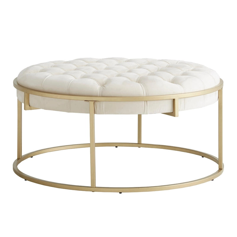 Pouf rond touffeté en velours et finition dorée