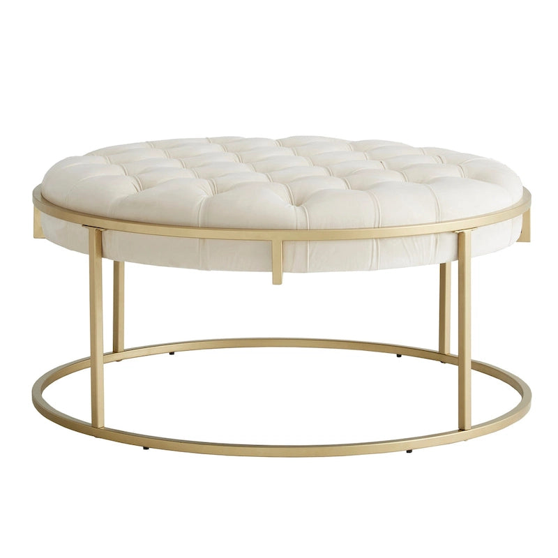 Pouf rond touffeté en velours et finition dorée