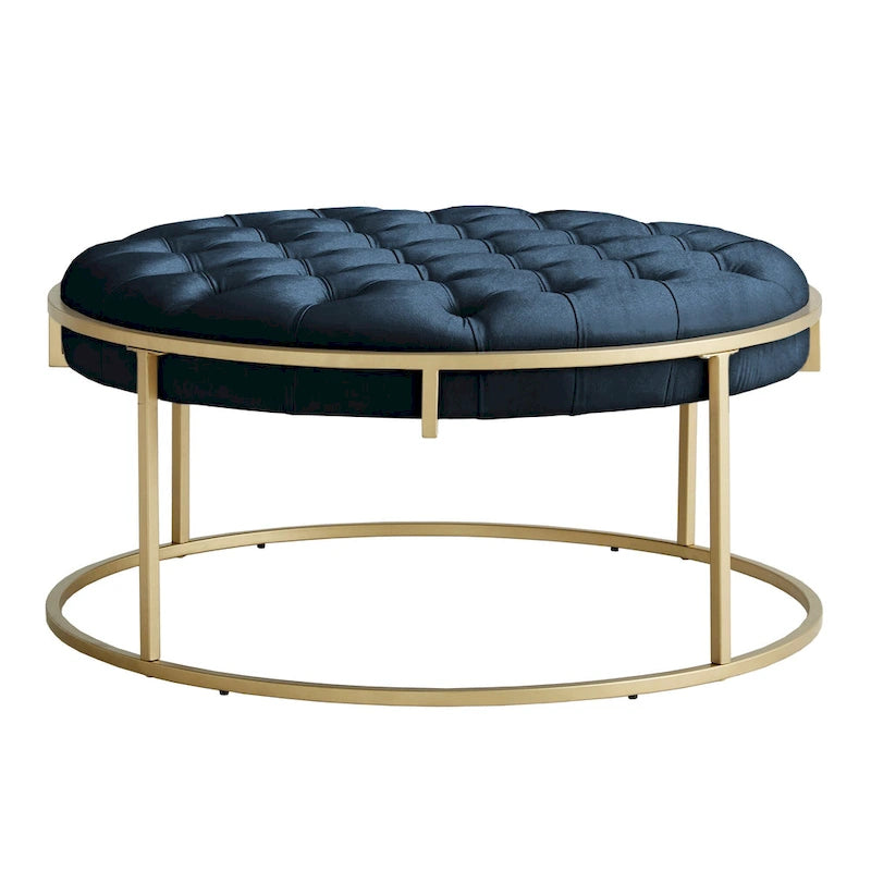 Pouf rond touffeté en velours et finition dorée