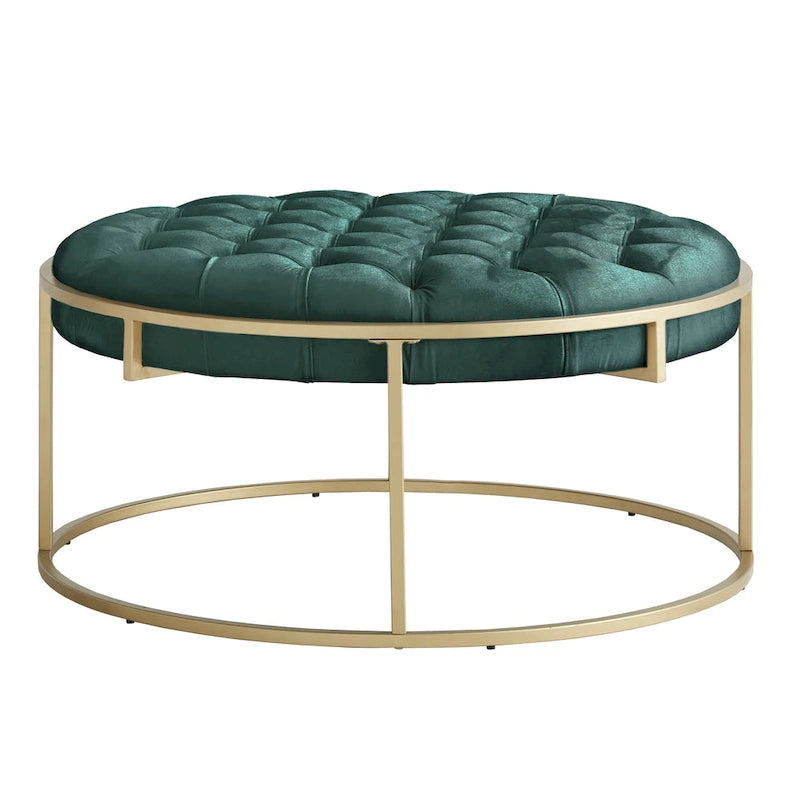 Pouf rond touffeté en velours et finition dorée