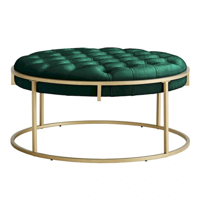 Pouf rond touffeté en velours et finition dorée