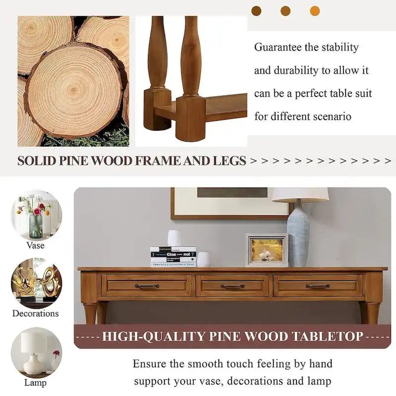 63.38" Sofa Console Table with 3 Drawers
