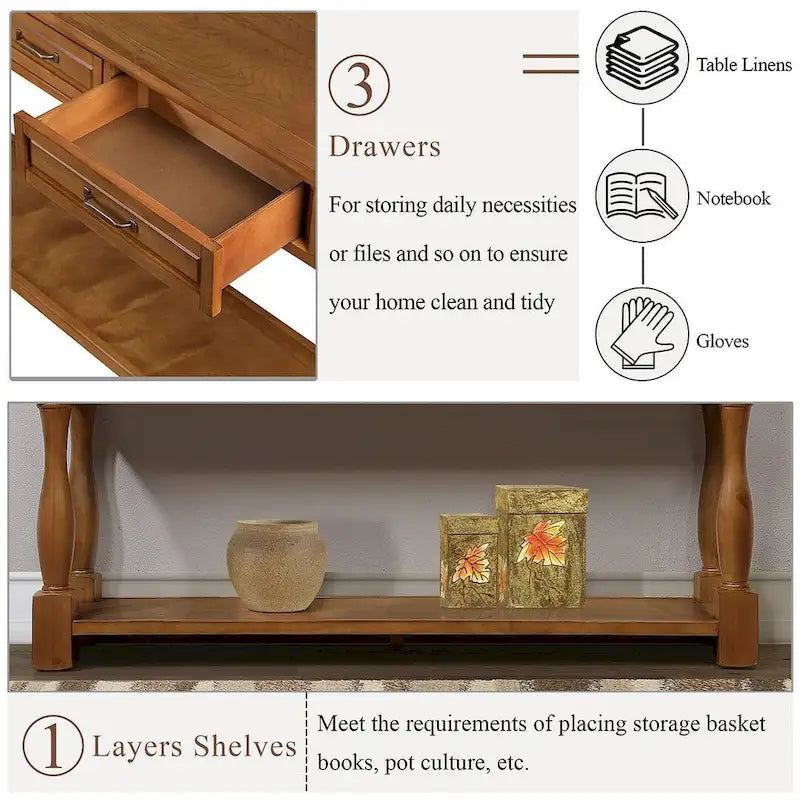 63.38" Sofa Console Table with 3 Drawers
