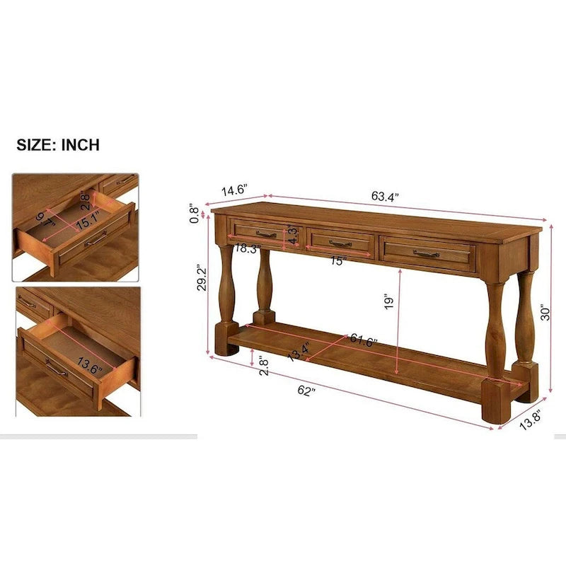 63.38" Sofa Console Table with 3 Drawers