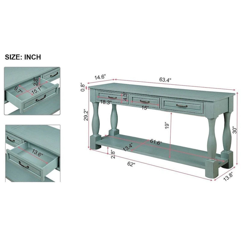 63.38" Sofa Console Table with 3 Drawers