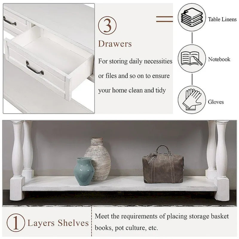 63.38" Sofa Console Table with 3 Drawers