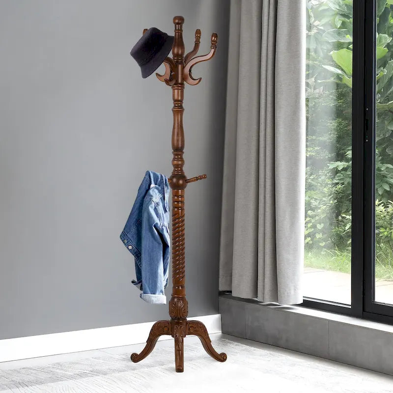 Creative Solid Ash Wood Freestanding Coat Rack with 8 Hooks