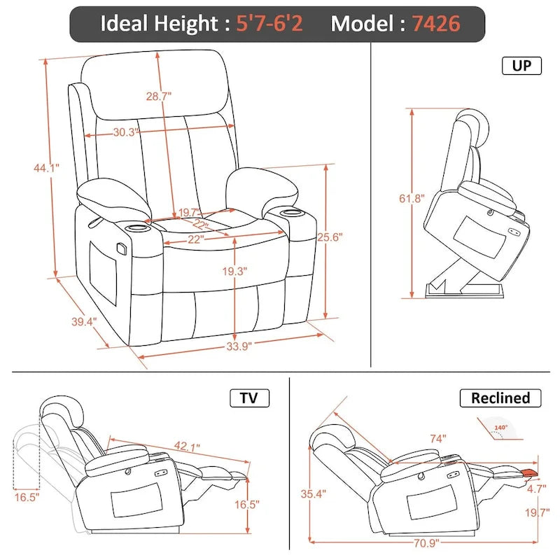 Grand fauteuil releveur inclinable avec repose-pieds étendu pour personnes de grande taille et fortes corpulences