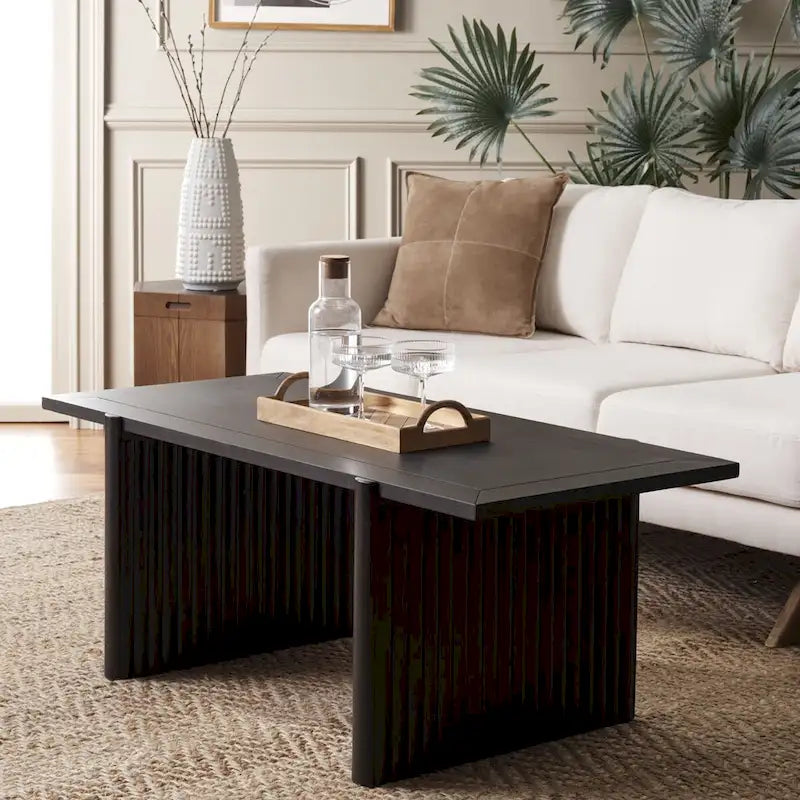Table basse rectangulaire rustique-chic avec piétement tréteau cannelé