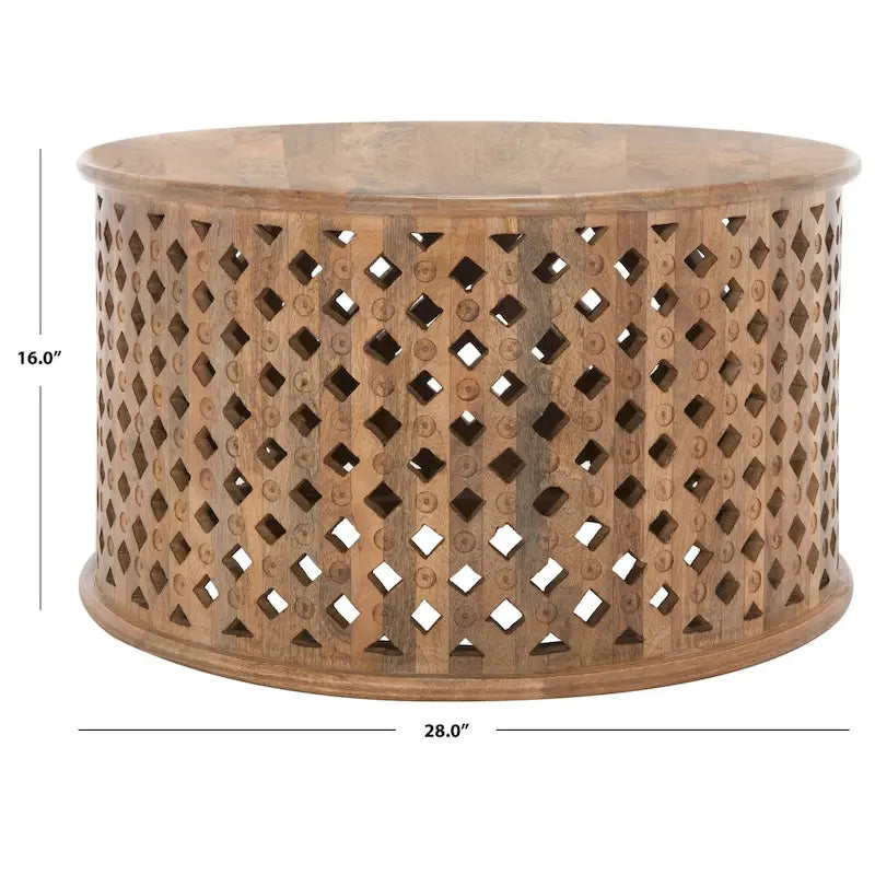 Table basse ronde en bois de manguier avec treillis – Style côtier marocain