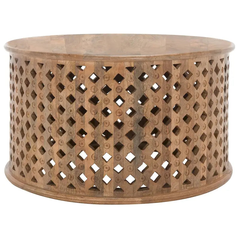 Table basse ronde en bois de manguier avec treillis – Style côtier marocain