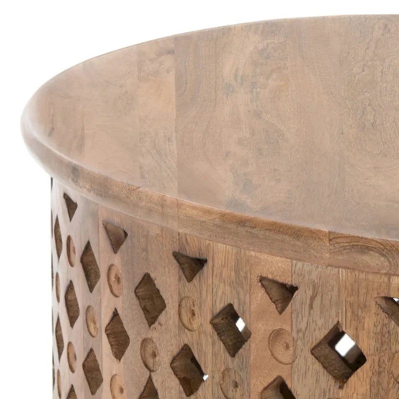 Table basse ronde en bois de manguier avec treillis – Style côtier marocain