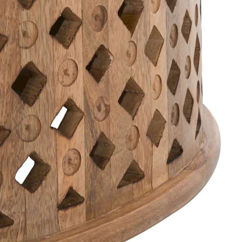 Table basse ronde en bois de manguier avec treillis – Style côtier marocain