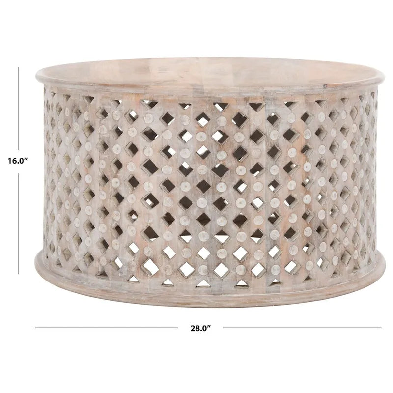 Table basse ronde en bois de manguier avec treillis – Style côtier marocain