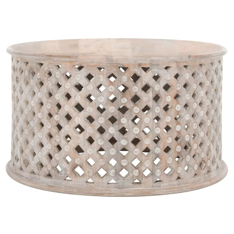Table basse ronde en bois de manguier avec treillis – Style côtier marocain