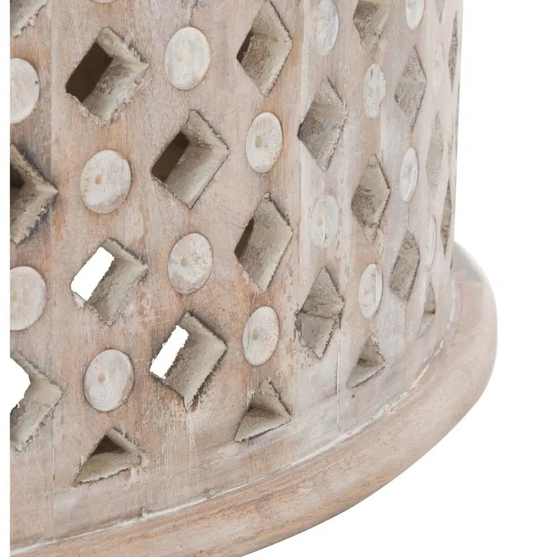 Table basse ronde en bois de manguier avec treillis – Style côtier marocain