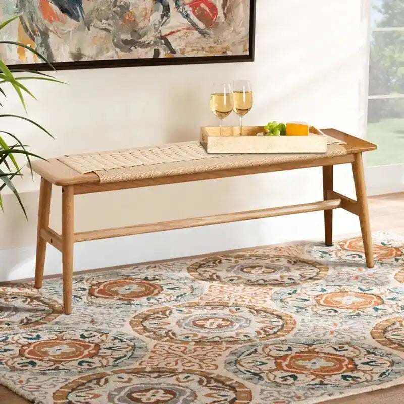 Boho Solid Oak Wood Bench with Woven Rope Seat