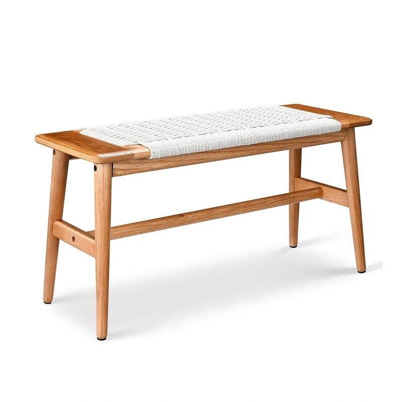 Boho Solid Oak Wood Bench with Woven Rope Seat