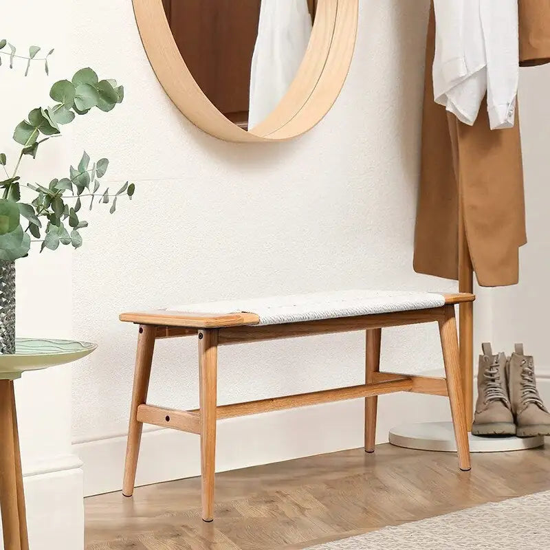 Boho Solid Oak Wood Bench with Woven Rope Seat