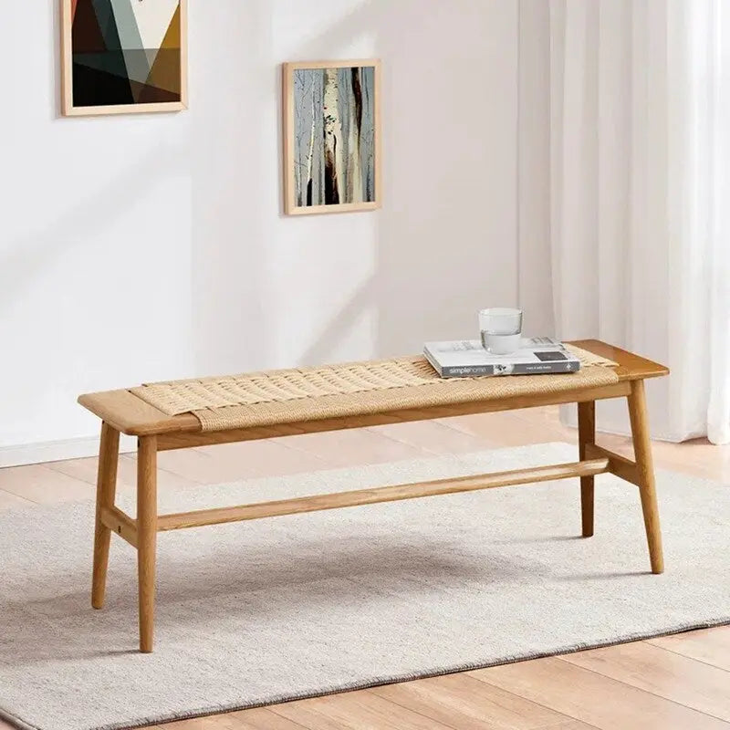 Boho Solid Oak Wood Bench with Woven Rope Seat