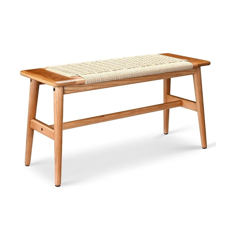 Boho Solid Oak Wood Bench with Woven Rope Seat