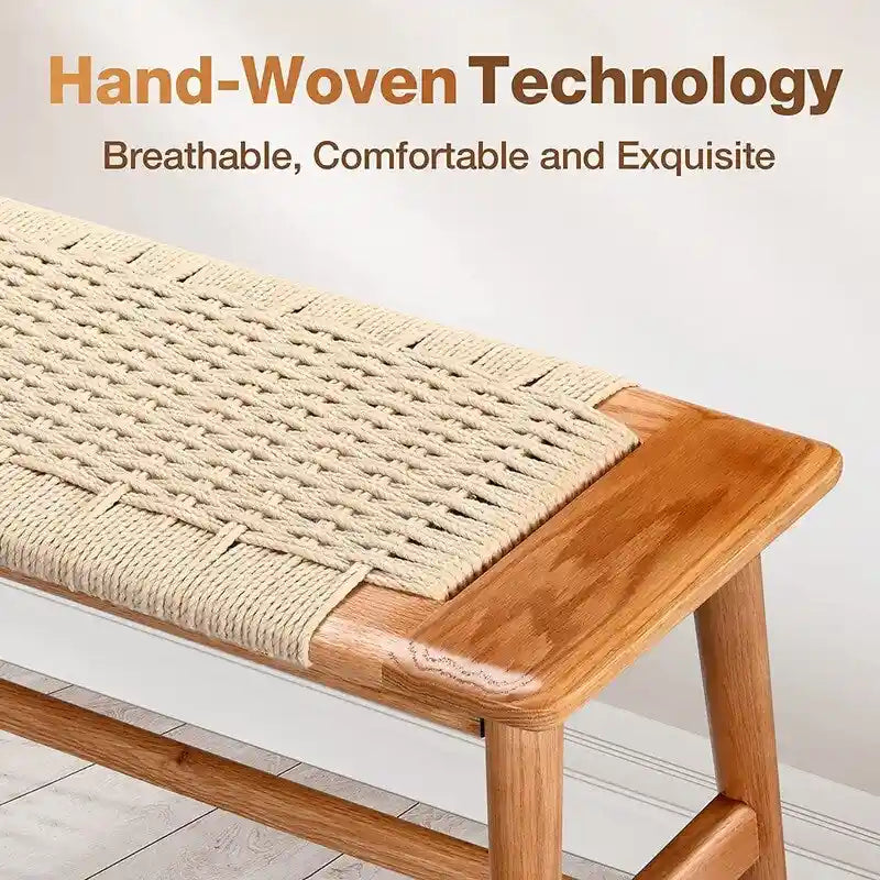 Boho Solid Oak Wood Bench with Woven Rope Seat