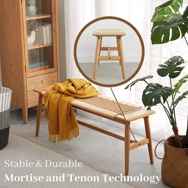 Boho Solid Oak Wood Bench with Woven Rope Seat