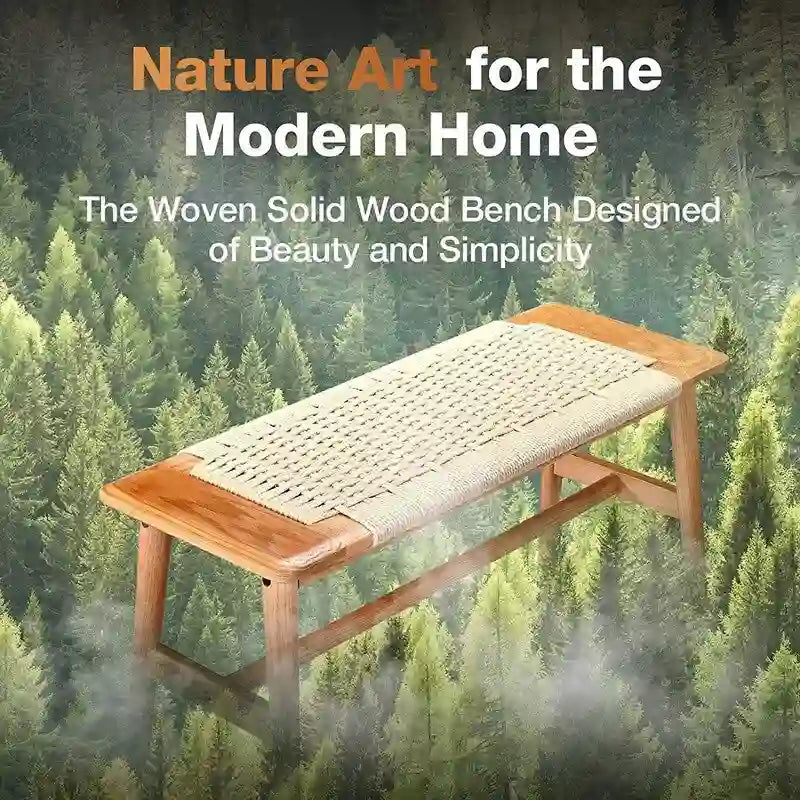 Boho Solid Oak Wood Bench with Woven Rope Seat