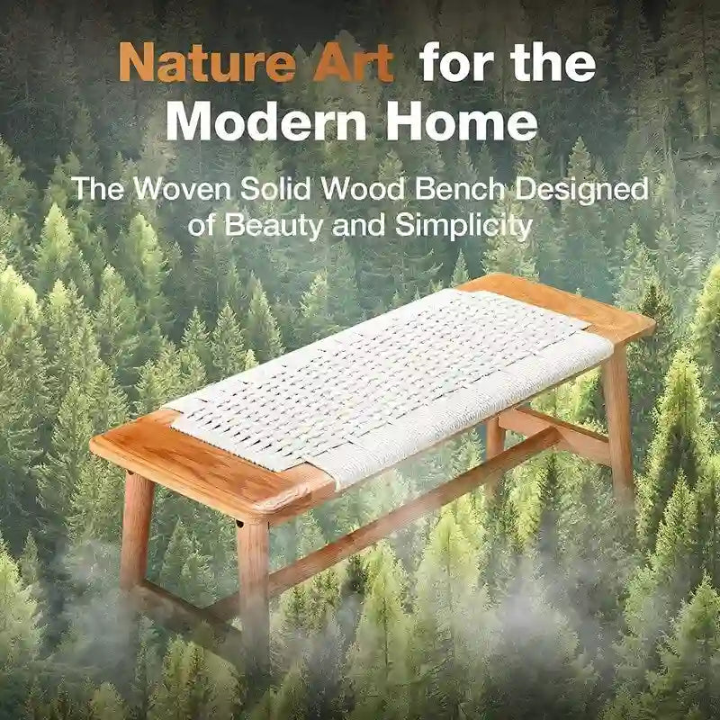 Boho Solid Oak Wood Bench with Woven Rope Seat