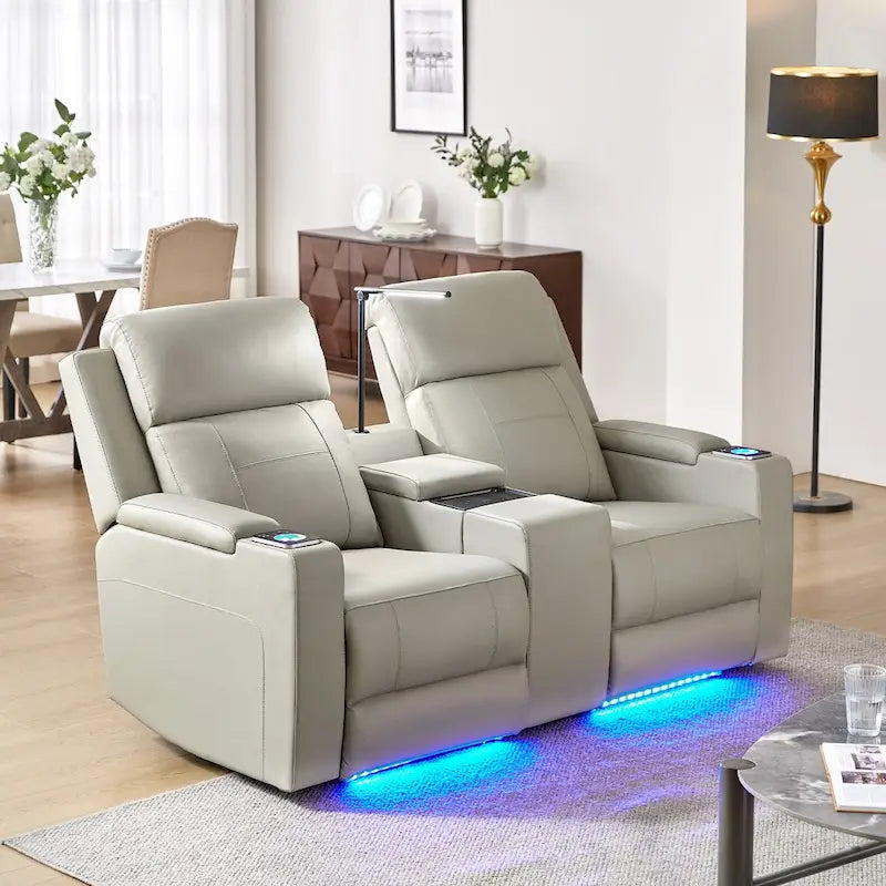 71.26 Wide Genuine Leather Home Theater Seating with Ambient Lighting and Storage