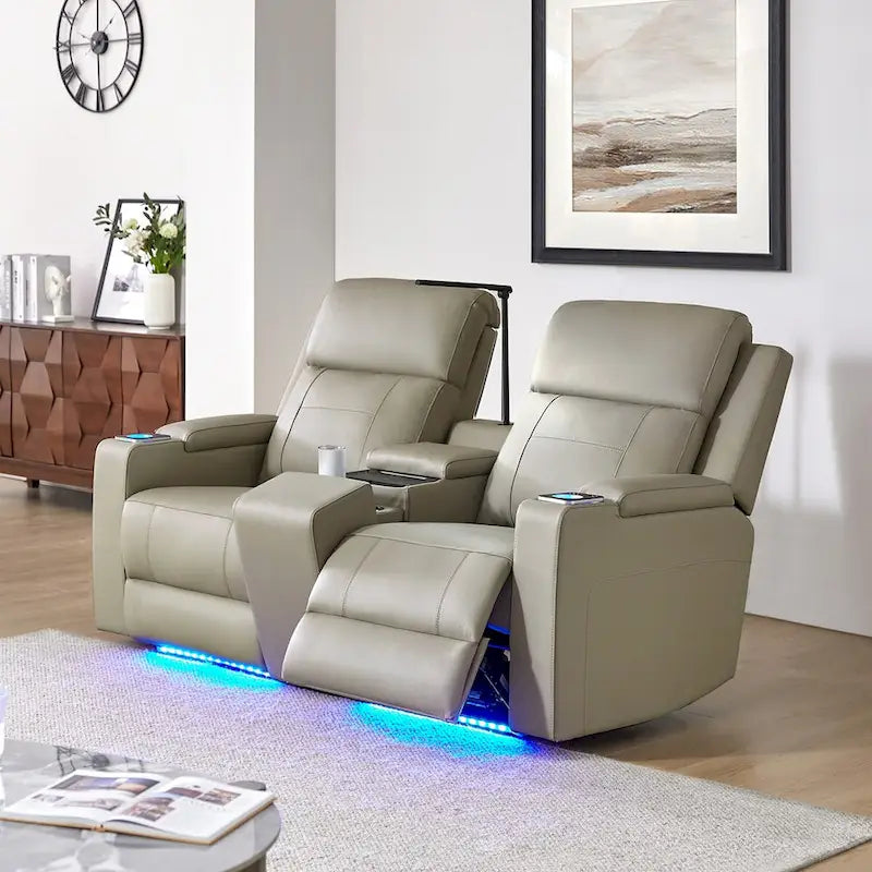 71.26 Wide Genuine Leather Home Theater Seating with Ambient Lighting and Storage