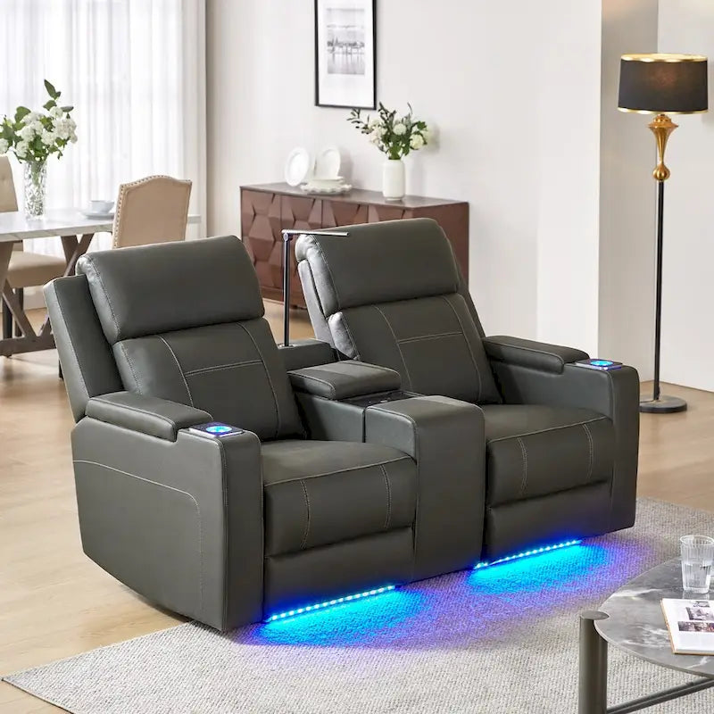 71.26 Wide Genuine Leather Home Theater Seating with Ambient Lighting and Storage