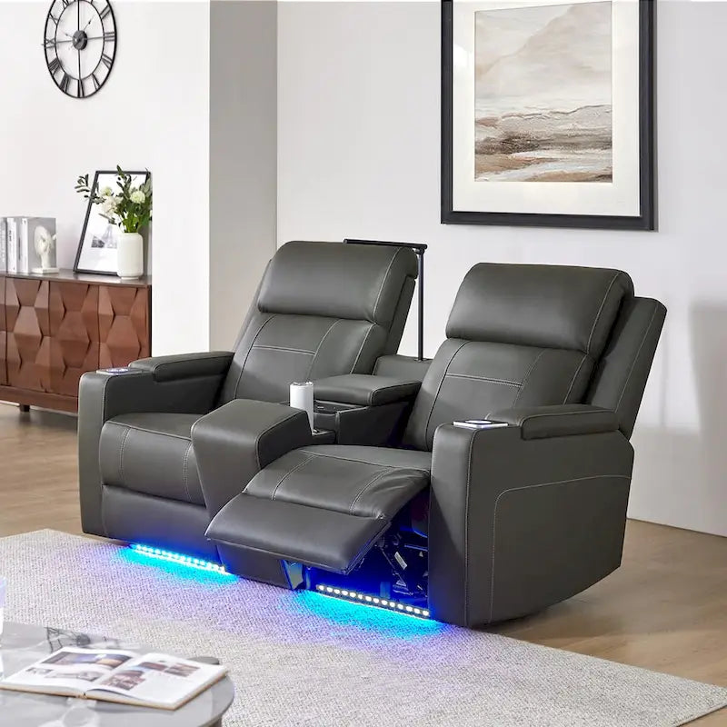 71.26 Wide Genuine Leather Home Theater Seating with Ambient Lighting and Storage