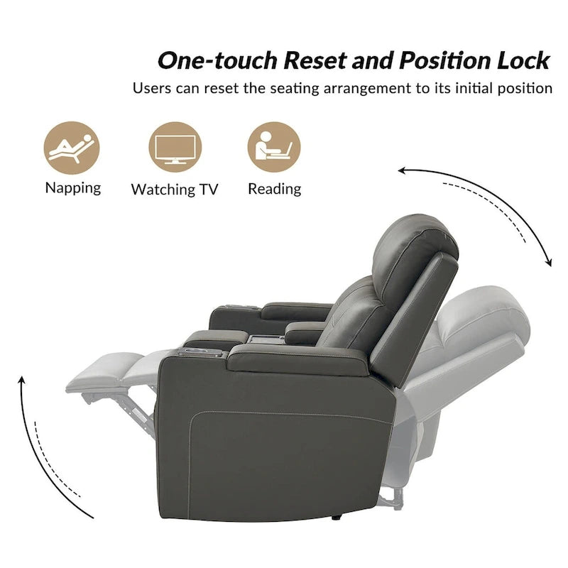71.26 Wide Genuine Leather Home Theater Seating with Ambient Lighting and Storage