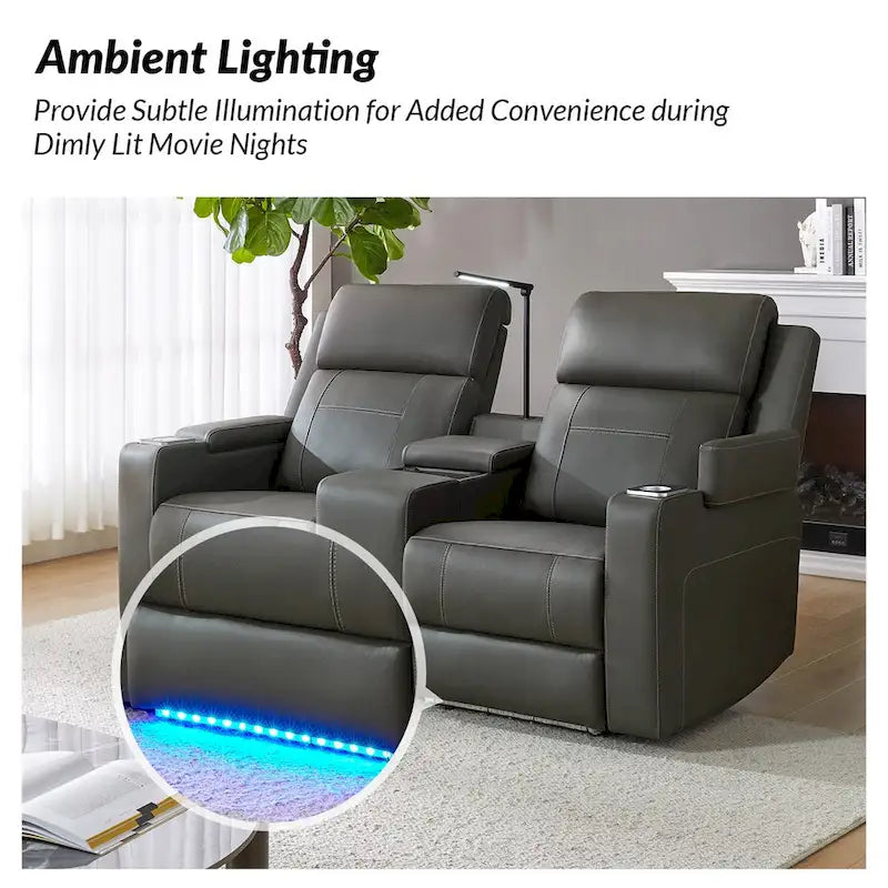 71.26 Wide Genuine Leather Home Theater Seating with Ambient Lighting and Storage