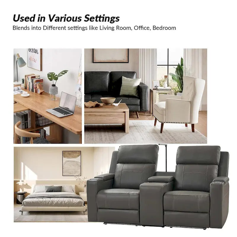 71.26 Wide Genuine Leather Home Theater Seating with Ambient Lighting and Storage