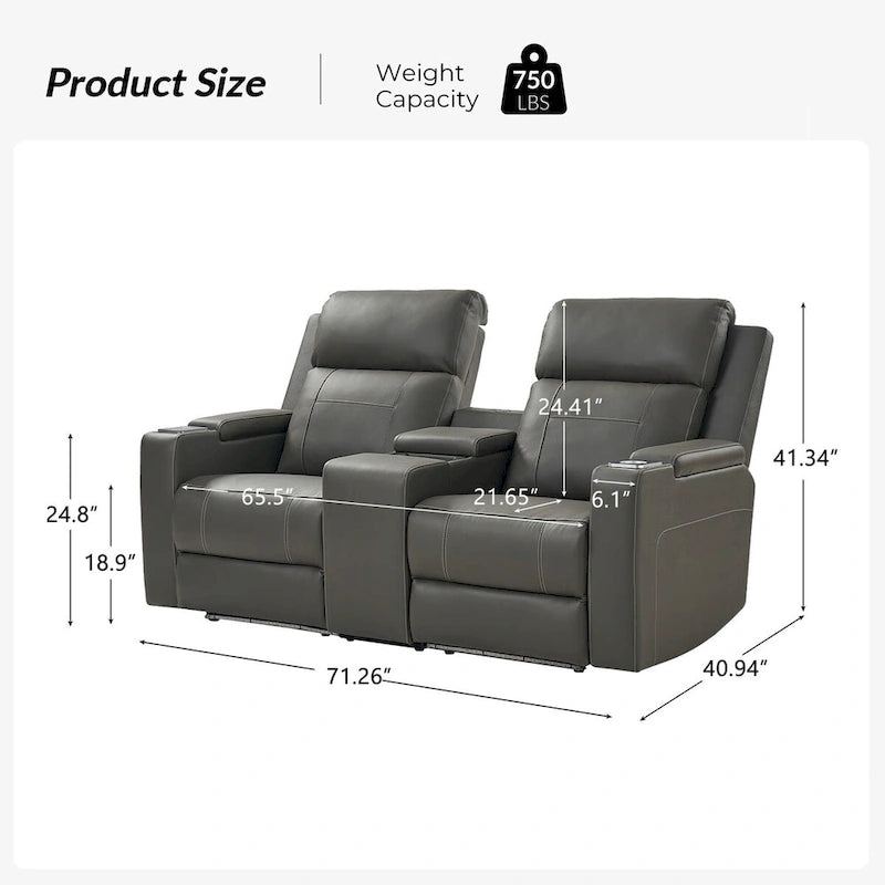 71.26 Wide Genuine Leather Home Theater Seating with Ambient Lighting and Storage