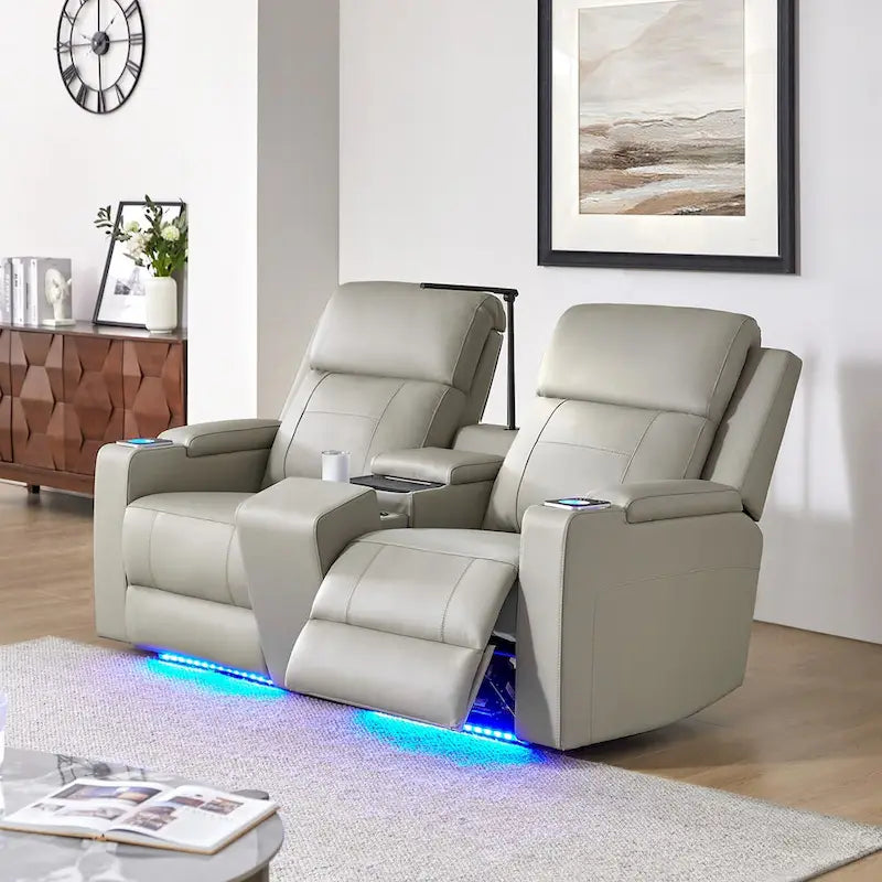 71.26 Wide Genuine Leather Home Theater Seating with Ambient Lighting and Storage