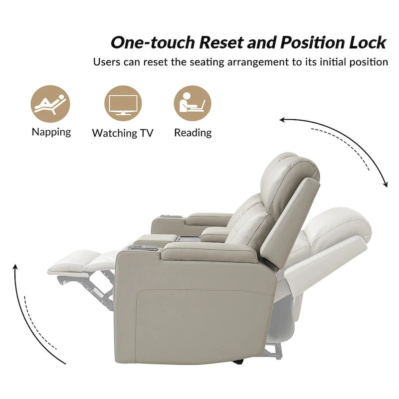 71.26 Wide Genuine Leather Home Theater Seating with Ambient Lighting and Storage