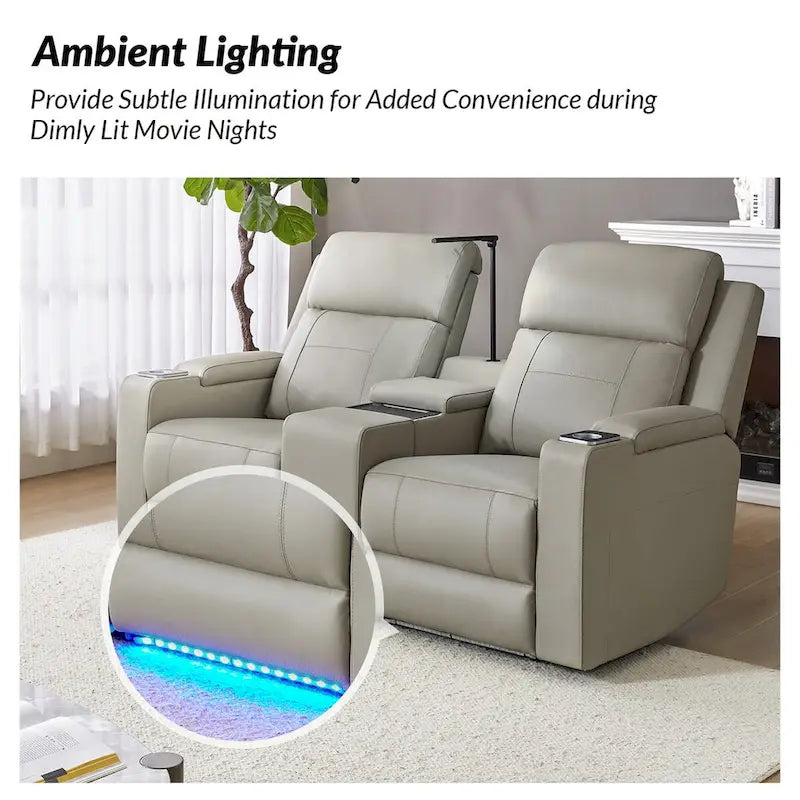 71.26 Wide Genuine Leather Home Theater Seating with Ambient Lighting and Storage
