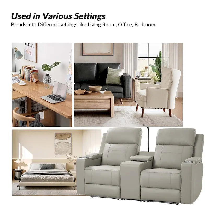 71.26 Wide Genuine Leather Home Theater Seating with Ambient Lighting and Storage